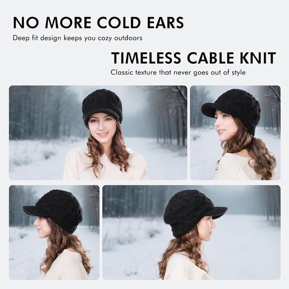 Wool Blend Cable Knit Beanie with Sun-Blocking Brim for Winter Warmth